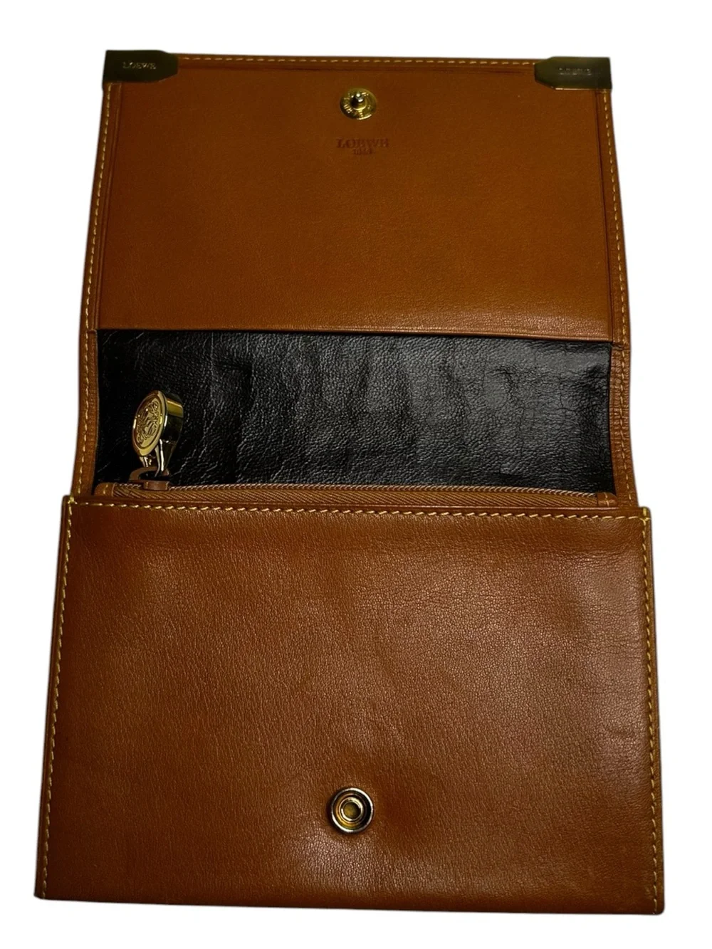 LOEWE Vintage Tan Leather Gold Corner Flap Wallet Coin Purse